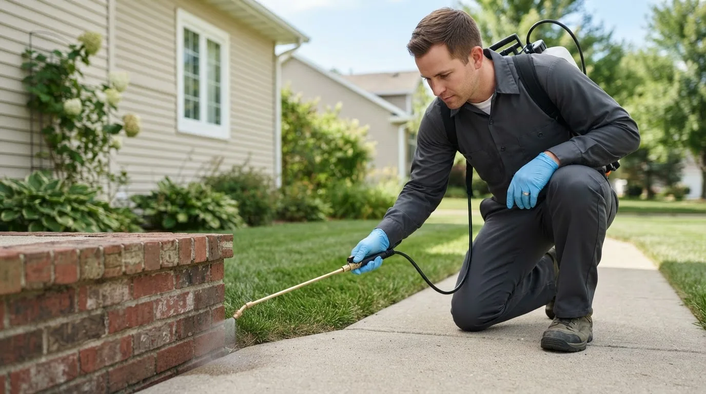Pest control technician treating a home near Delta, MO
