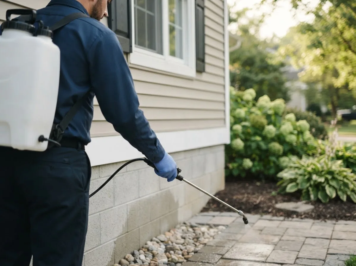 Pest control technician inspecting a home in Delta, MO